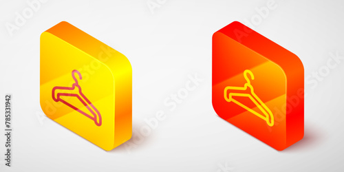 Isometric line Hanger wardrobe icon isolated on grey background. Cloakroom icon. Clothes service symbol. Laundry hanger sign. Yellow and orange square button. Vector