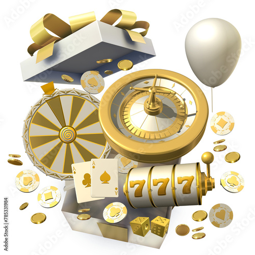 An assortment of casino game elements and golden coins bursting out of a gift box in a festive display, symbolizing the excitement of a bonus offer or a big win. 3D illustration