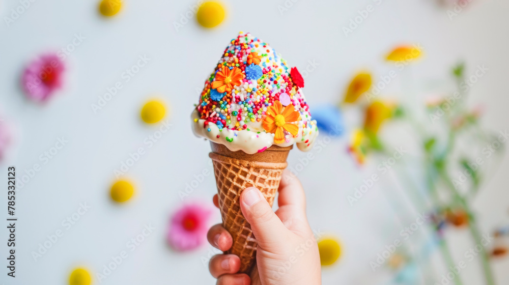 Delicious Ice Cream Cone with Colorful Toppings and Edible Flowers Held by Hand