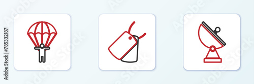 Set line Radar, Parachute and Military dog tags icon. Vector