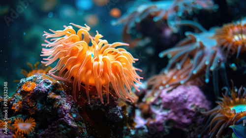 close up Sea anemone on a beautiful coral reef, with empty copy space 