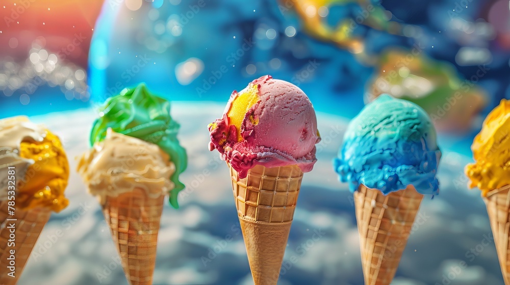 Vibrant depiction of Earth from space, each continent uniquely shaped like different flavors of five ice cream cones, a playful twist on our planet. global warming concept