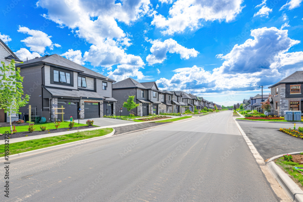 A street view of a new construction neighborhood with larger landscaped homes and houses with yards.
