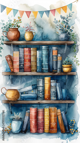 Watercolor illustration with a shelf of books and flowers in pots.