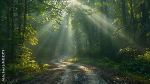 Sun-kissed Serenity on a Forest Road. Concept Nature Photography, Sun shining through trees, Outdoor adventures, Peaceful landscapes, Golden hour portraits