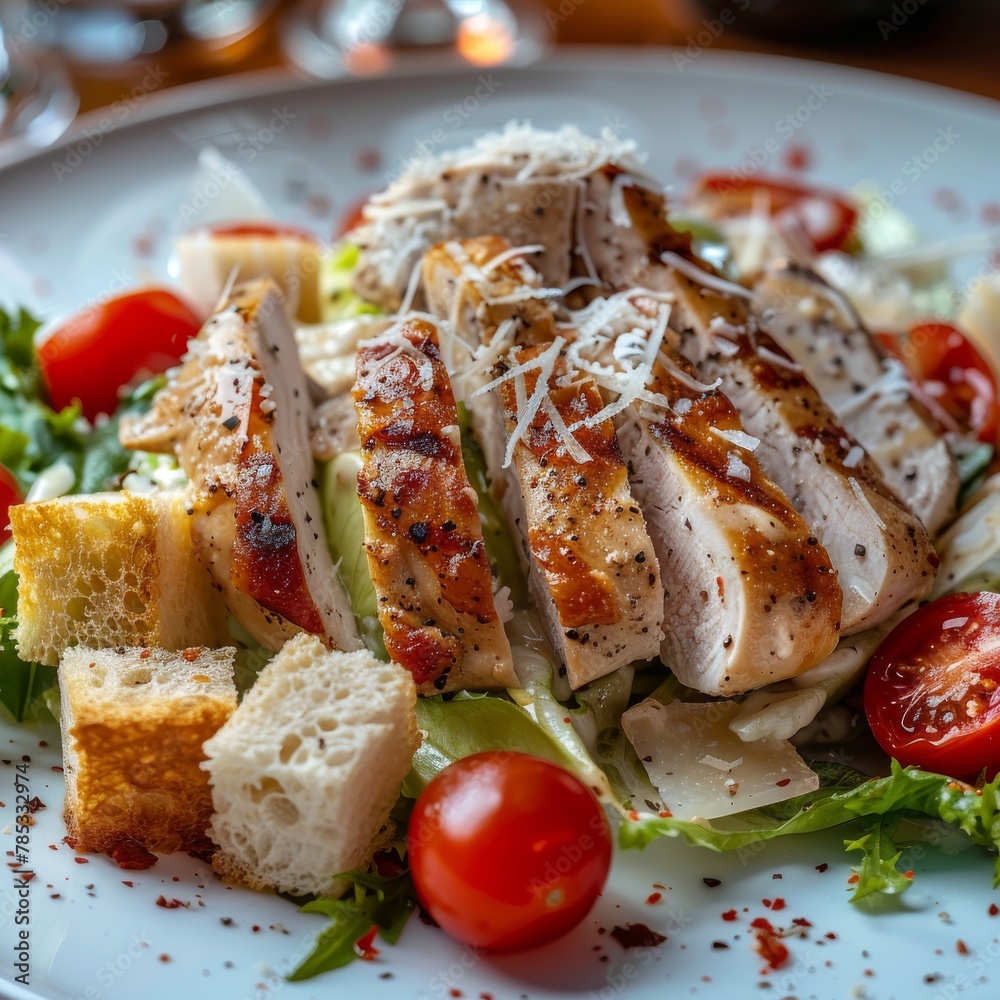 Caesar Salad with Roasted Chicken Breast, Croutons, Cherry Tomatoes and Grated Parmesan Cheese Caesar Salad with Roasted Chicken Breast, Croutons, Cherry Tomatoes and Grated Parmesan Cheese