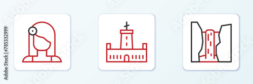 Set line Algar waterfall, Spanish woman and Montjuic castle icon. Vector