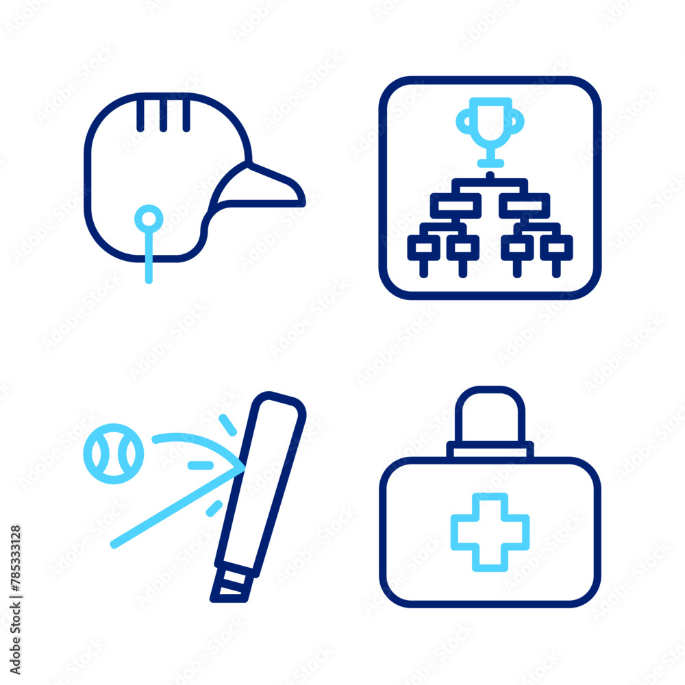 Set line First aid kit, Baseball bat with ball, Championship tournament bracket and helmet icon. Vector Set line First aid kit, Baseball bat with ball, Championship tournament bracket and helmet icon. Vector