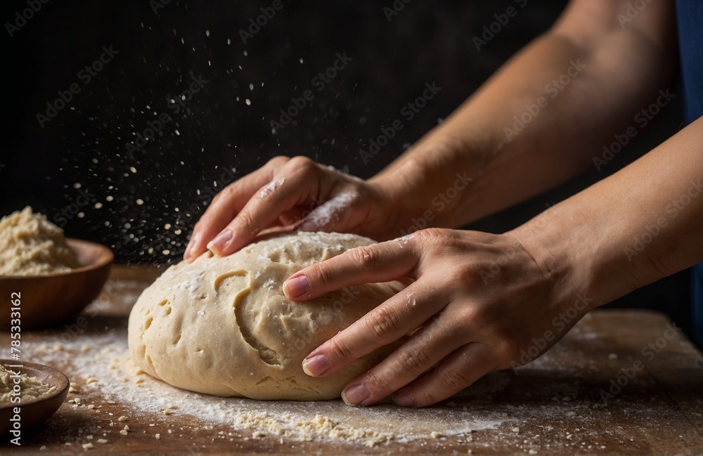 female baker kneading dough