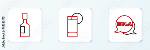 Set line Hola, Tabasco sauce and Tequila glass with lemon icon. Vector