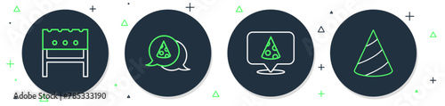 Set line Slice of pizza, BBQ brazier and Party hat icon. Vector
