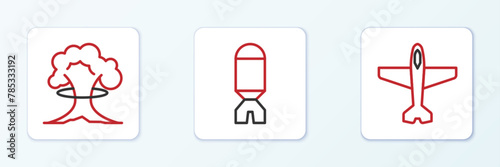 Set line Plane, Nuclear explosion and Rocket launcher icon. Vector