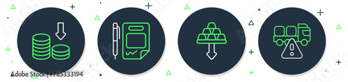 Set line Contract money and pen, Gold bars, Dollar rate decrease and Stop delivery cargo truck icon. Vector