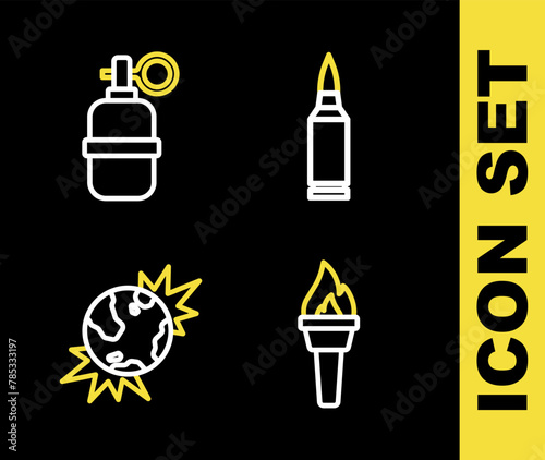 Set line Bullet, Torch flame, Bomb explosive planet earth and Hand grenade icon. Vector