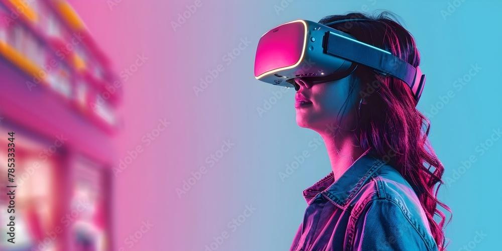 Woman Experiencing Immersive Virtual Reality Shopping Concept with Imaginative Futuristic Technology Woman Experiencing Immersive Virtual Reality Shopping Concept with Imaginative Futuristic Technology