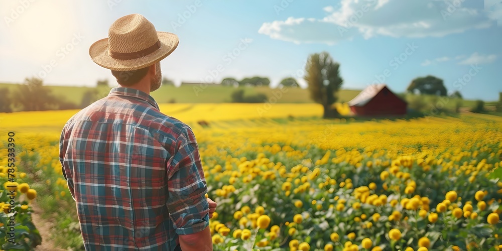 Proud Farmer Leading Community Farm Tour in Sunlit Sunflower Field with Rustic Barn