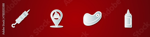 Set Grilled shish kebab, Location with barbecue, Steak meat and Mustard bottle icon. Vector