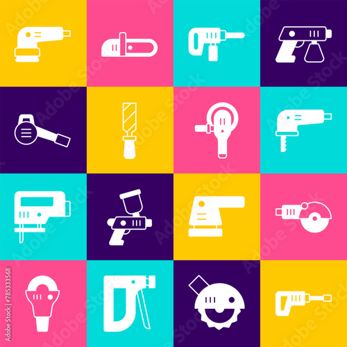 Set Rotary hammer drill machine, Angle grinder, Electric jigsaw, Rasp metal file, Leaf garden blower, sander and icon. Vector