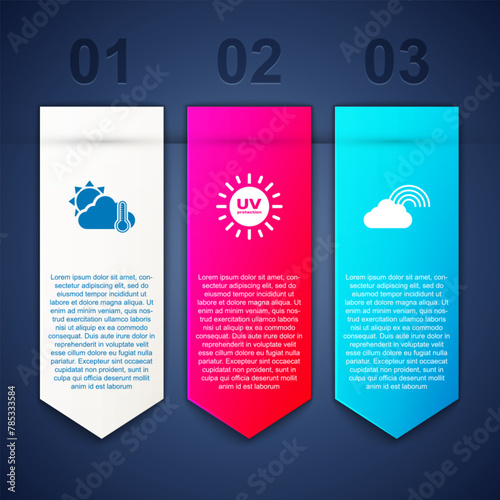 Set Thermometer and cloud, sun, UV protection and Rainbow with. Business infographic template. Vector