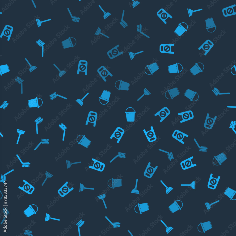 Set Rubber plunger, Wet floor and cleaning in progress, Bucket and Brush for on seamless pattern. Vector