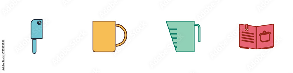 Set Meat chopper, Coffee cup, Measuring and Cookbook icon. Vector Set Meat chopper, Coffee cup, Measuring and Cookbook icon. Vector