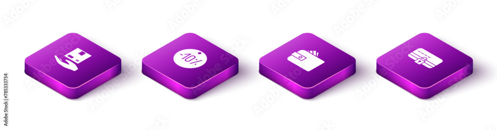 Set Isometric Delivery hand with boxes, Ten discount percent tag, Wallet paper money cash and Credit card lock icon. Vector