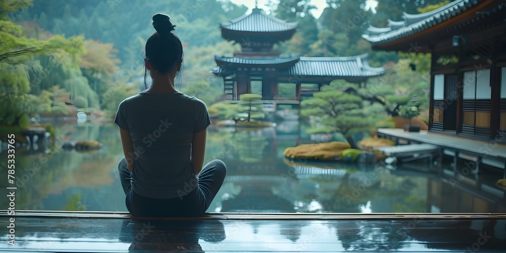 Fototapeta premium Woman Reflecting at a Tranquil Japanese Temple in Kyoto Capturing the Sacred Silence and Solitude