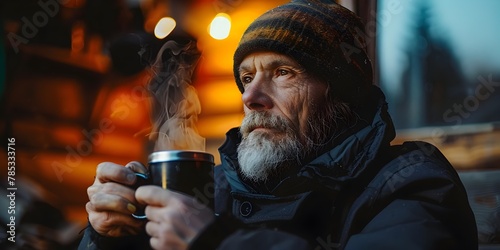 A Weathered Bearded Man Savoring a Warm Mug of Coffee on the Porch Finding Solace and Respite Amidst the Tranquility of the Countryside photo