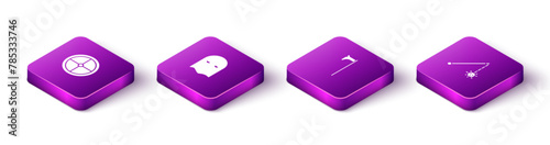 Set Isometric Round wooden shield, Executioner mask, Medieval axe and chained mace ball icon. Vector