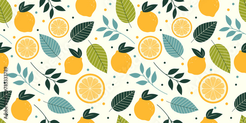 Tropical seamless pattern with yellow lemons, leaves isolated on cream background. Fruit summer background. Vector bright modern abstract print for paper, cover, fabric