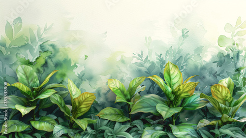 Green leaves on a blurred watercolor background.