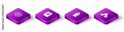 Set Isometric Dharma wheel, Jewish torah book, Hands in praying position and Church building icon. Vector