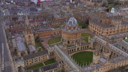 Oxford University aerial tilting up over Radcliffe Square and surrounding streets
