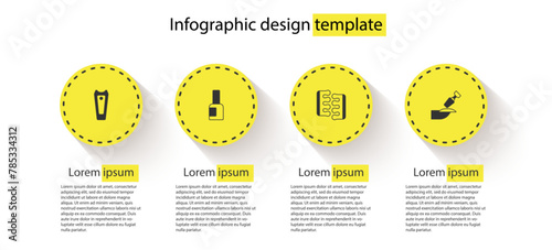 Set Nail cutter, Bottle of nail polish, Toe separator for pedicure and Milling manicure. Business infographic template. Vector