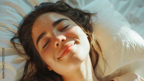 Relaxed Woman Enjoying Comfortable Sleep in White Bed with Peaceful Expression