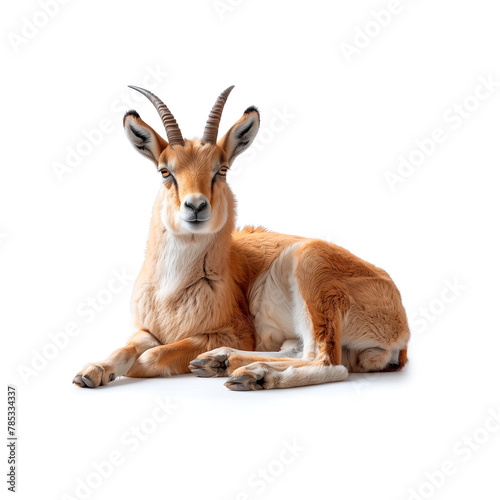Brown and White Goat Resting on White Floor. Generative AI