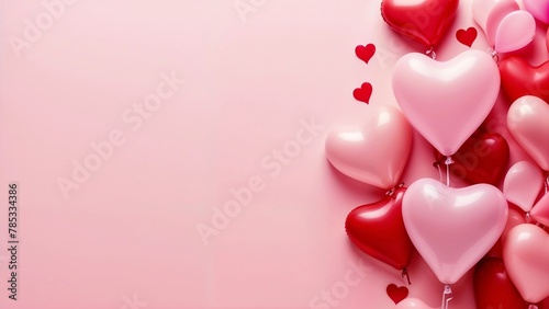 Romantic Valentine's Day Flat Lay, Red and Pink Heart Balloons on Pink Background
