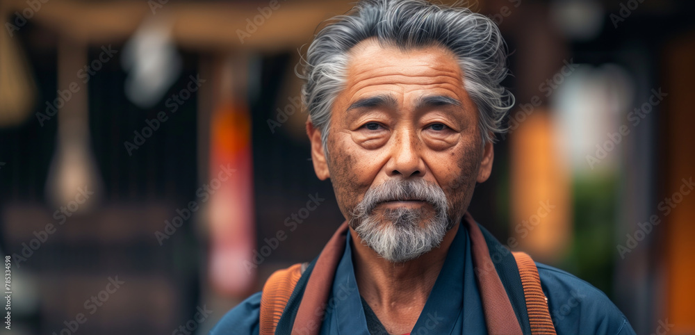 A Japanese man with a beard and a red robe stands in front of a building. He looks serious and focused. a typical Japanese man A Japanese man with a beard and a red robe stands in front of a building. He looks serious and focused. a typical Japanese man