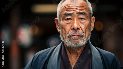 A Japanese man with a beard and a red robe stands in front of a building. He looks serious and focused. a typical Japanese man