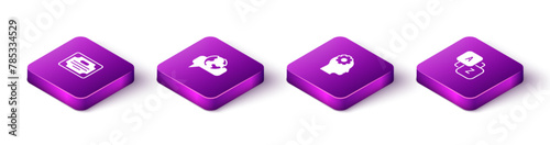 Set Isometric Certificate template, Learning foreign languages, Head with gear inside and Vocabulary icon. Vector