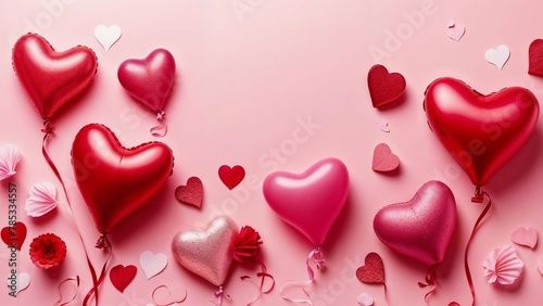 Red and Pink Heart Balloons on Pink Background