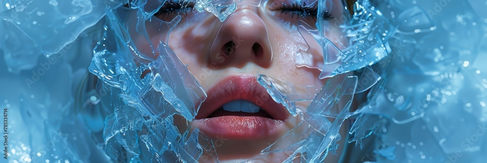 Close-Up of Young Woman's Face Encased in Crystalline Ice, Ethereal Frozen Concept