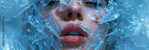 Close-Up of Young Woman's Face Encased in Crystalline Ice, Ethereal Frozen Concept