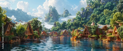 A small village by the lake  wooden houses with sloping roofs made of wood and leaves  surrounded by greenery and lush vegetation  a fantasy world in the style of anime  cartoonish  colorful