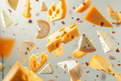 Different types of cheese are flying or falling in the air.