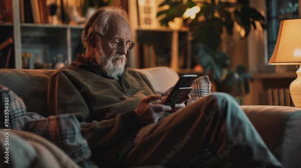 Elderly man using a smart home device to control lighting and temperature Elderly man using a smart home device to control lighting and temperature