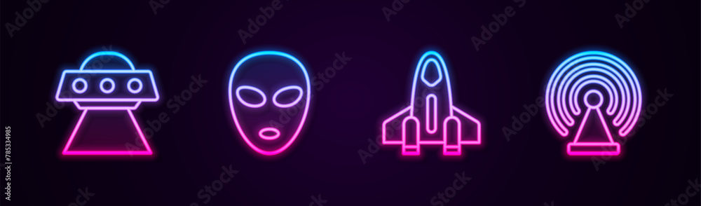 Set line UFO flying spaceship, Alien, Rocket and Radar. Glowing neon icon. Vector Set line UFO flying spaceship, Alien, Rocket and Radar. Glowing neon icon. Vector
