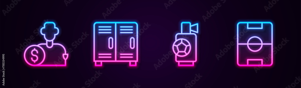 Set line Buy football player, Locker or changing room, Air horn and Football field. Glowing neon icon. Vector