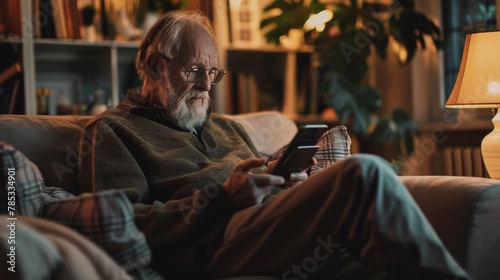 Elderly man using a smart home device to control lighting and temperature