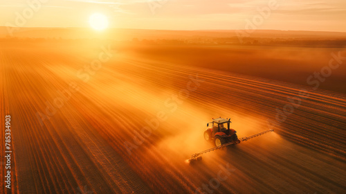 Aerial view of a tractor is spraying a field of crops. The sun is setting in the background, casting a warm glow over the scene. Concept of hard work and dedication to agriculture